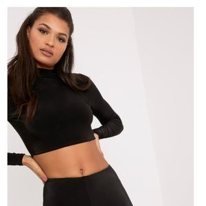 RIO BLACK SLINKY HIGH NECK LONG SLEEVE CROP TOP